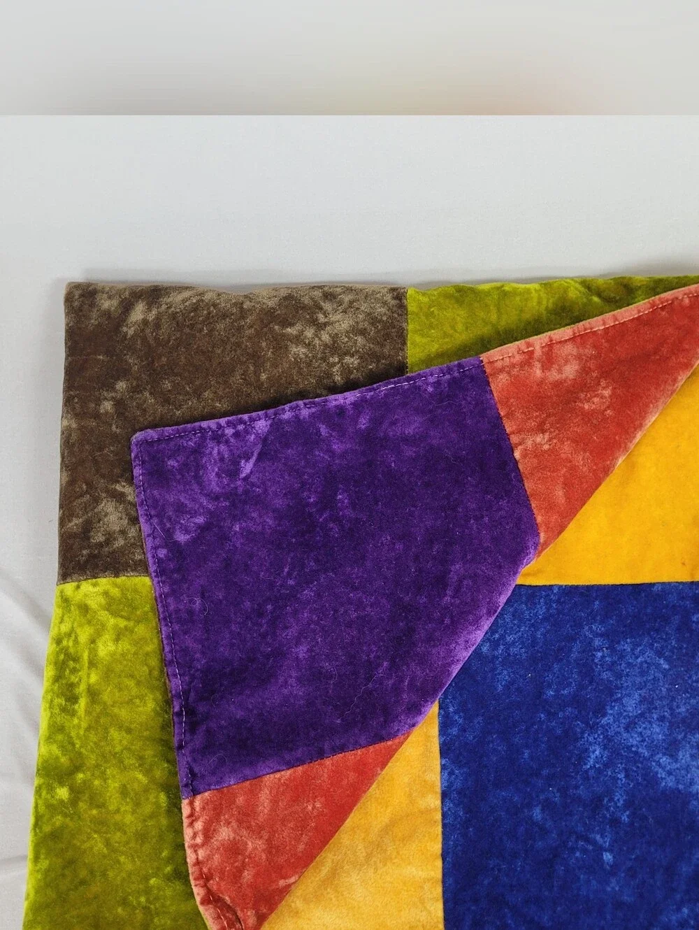 Velvet '70s Inspired Handmade Patchwork Quilt 36 In By 36 In.